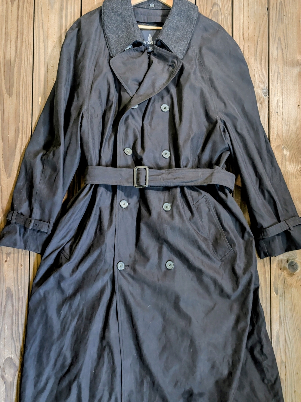 London Fog Black Double-Breasted Trench Coat with Belt 44